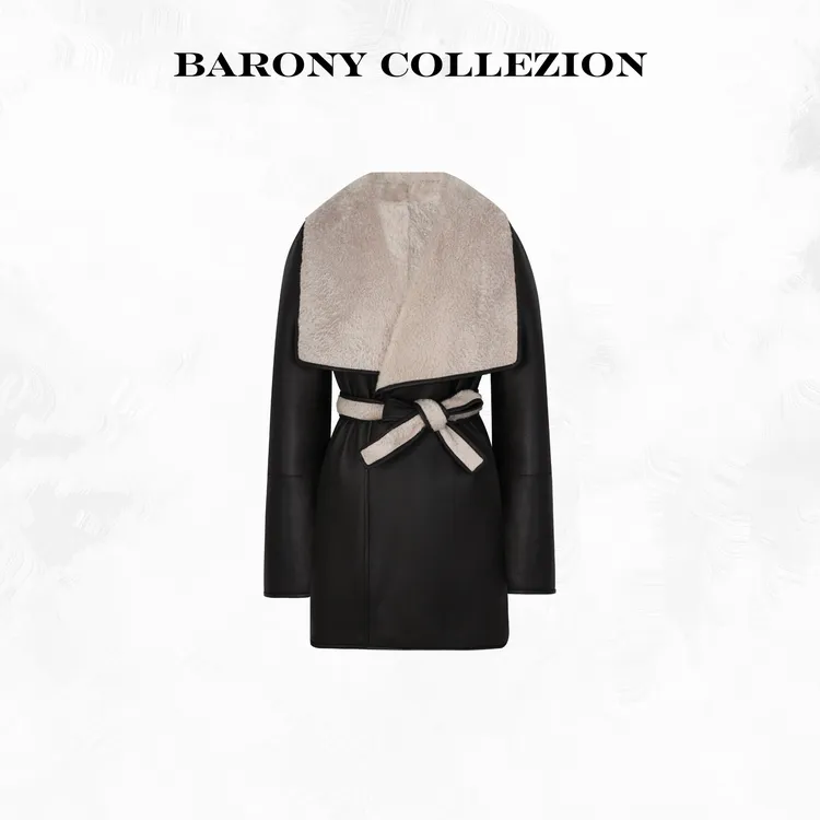BARONY【86120】珍珠羔拉贡LACON经典大披肩领双穿皮草外套皮毛一体