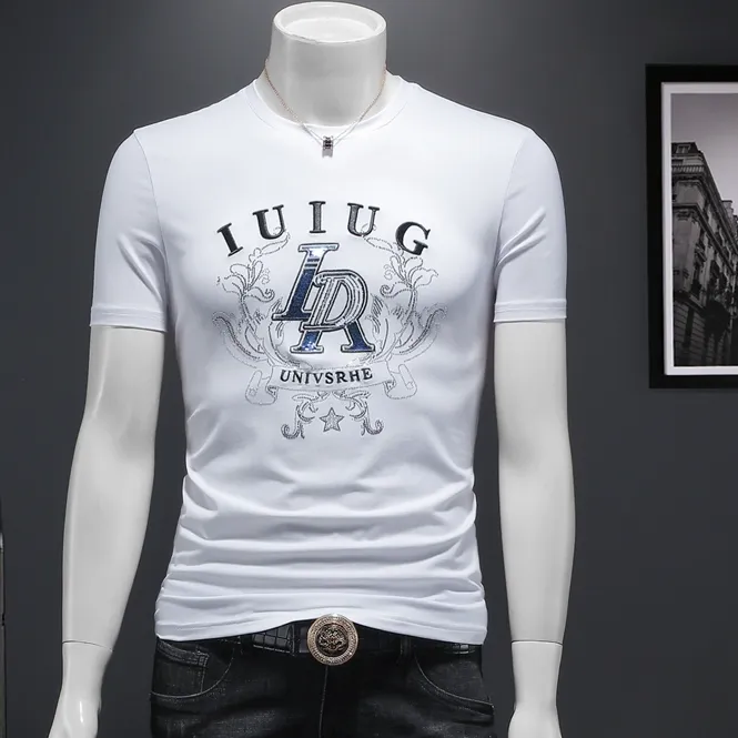 肯梅灵列短袖时尚百搭男休闲圆领亮片烫钻轻奢潮流夏季半袖t恤衫