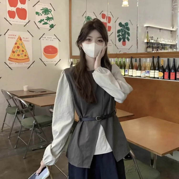 大码胖mm秋季新款独特小众撞色长袖衬衫女装洋气减龄别致开叉上衣