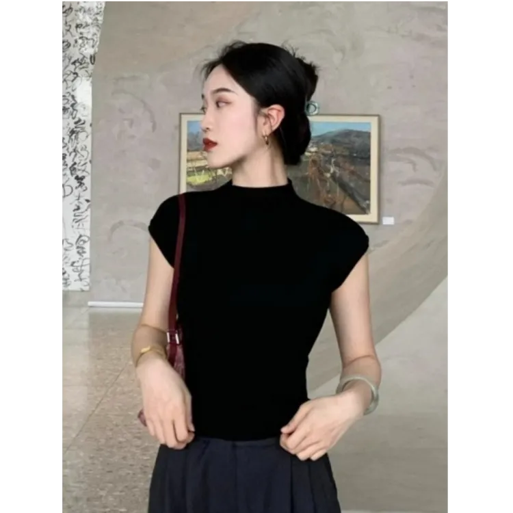 半高领黑色针织短袖t恤女夏季2026新款爆款正肩紧身短款辣妹上衣