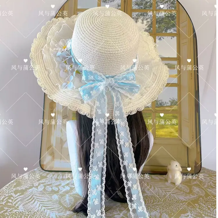 原创绣球花公主风波浪帽檐草帽蝴蝶结遮阳帽蕾丝帽子白色公主夏季