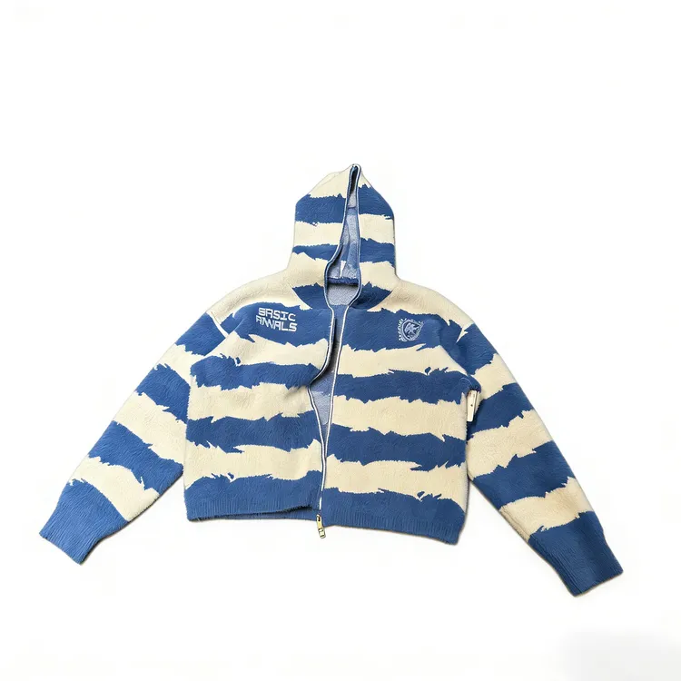 Basicannals复古撞色条纹连帽拉链针织衫男女宽松毛衣外套短宽