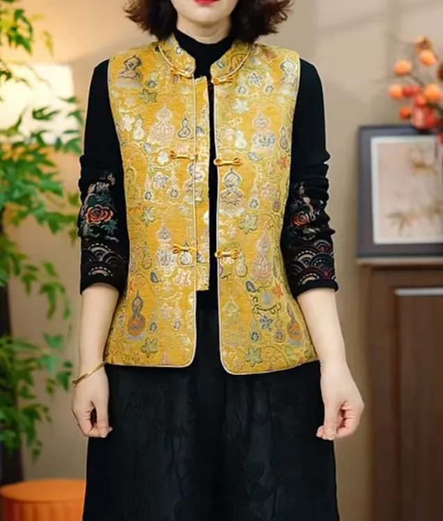 新中式提花夹棉马甲女秋冬国风盘扣加厚宽松百搭坎肩背心669
