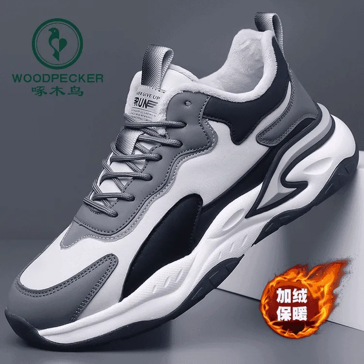 啄木鸟男鞋秋冬加绒保暖鞋皮面休闲跑步运动鞋男士百搭老爹潮鞋子
