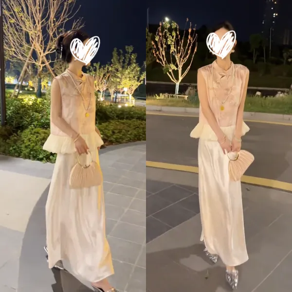 新中式复古盘扣粉色马甲女荷叶边拼接高腰显瘦A字缎面半身裙套装
