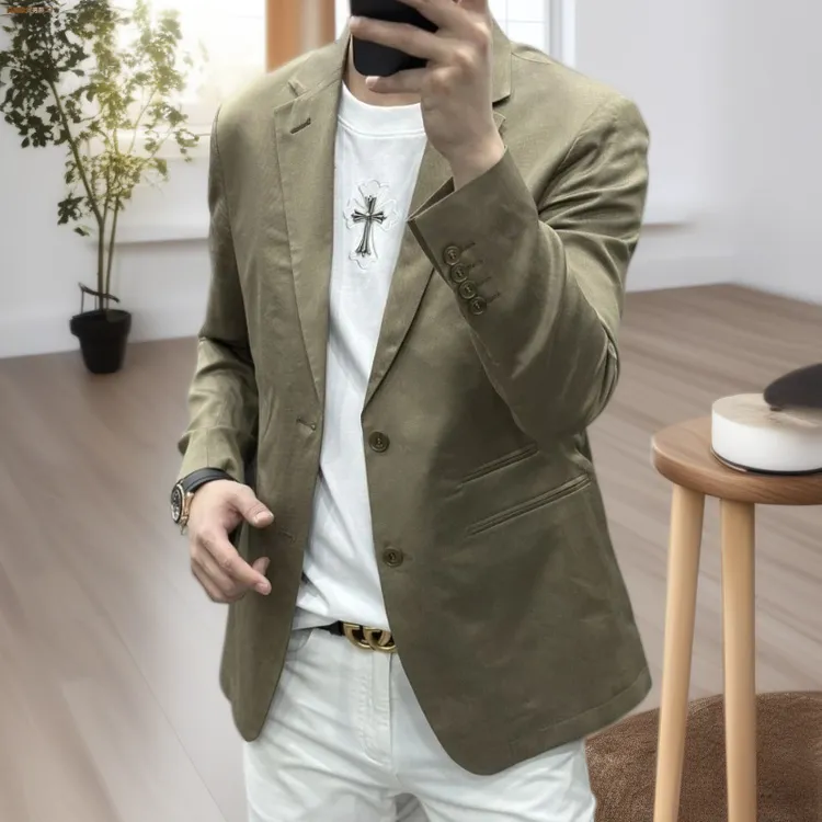 秋季轻奢时尚男装莱赛尔麻料西服外套简约修身纯色薄款西装上衣