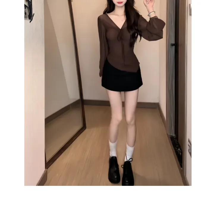 大码胖mm纯欲风褶皱绑带网纱长袖T恤早秋新款洋气修身显瘦上衣女