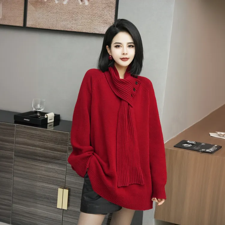 POPULARYW【落红枫】时尚气质可拆卸围脖长袖秋冬毛衣