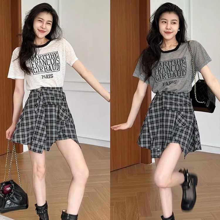 休闲复古洋气减龄套装2025夏季显瘦针织短袖假两件短裙裤两件套