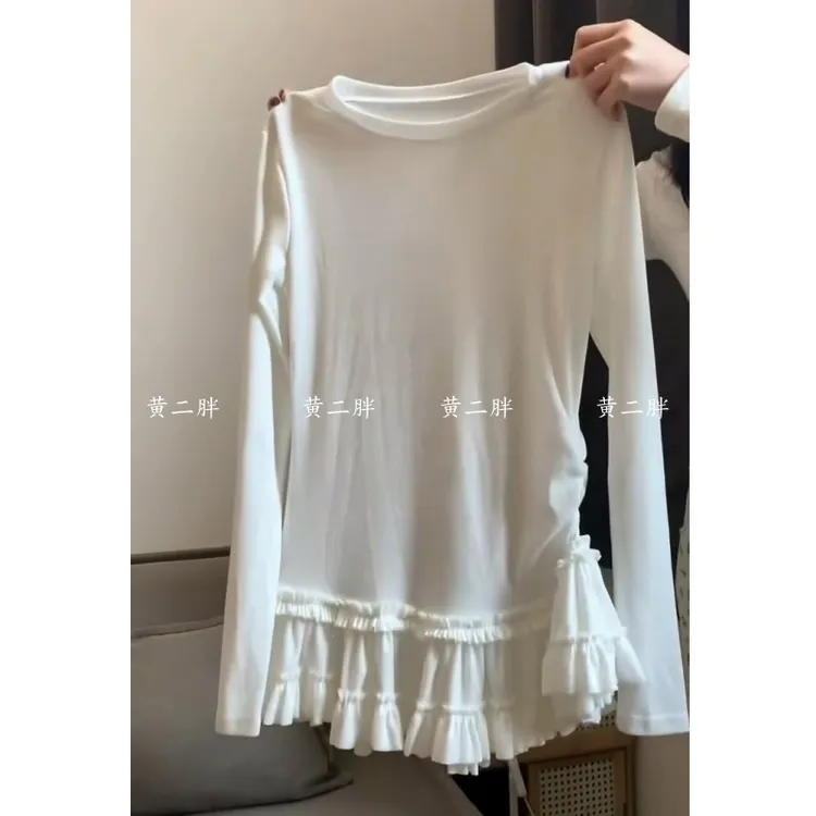 芭蕾风花边下摆长袖T恤女2025秋季新款小众别致显瘦内搭叠穿上衣