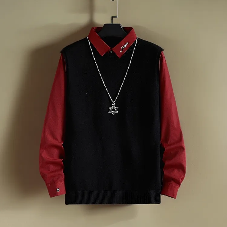 常规款/加绒 秋冬新款假两件百搭毛衣男士潮流长袖打底高档针织衫