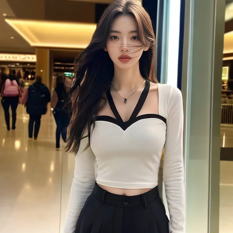 纯欲修身打底衫上衣设计感小众小个子女秋冬挂脖撞色T恤长袖辣妹