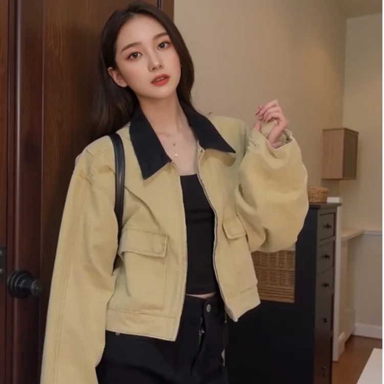 美式复古工装外套女早秋松弛感时髦休闲百搭气质撞色翻领短款夹克