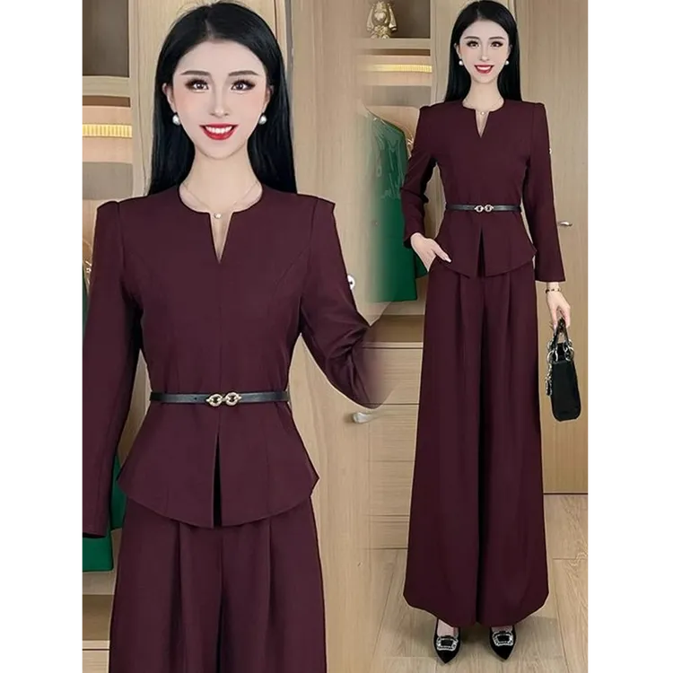 时尚套装女2025春季新款款洋气显瘦法式收腰V领上衣阔腿裤两件套