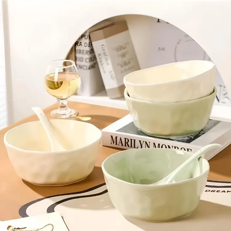 奶油风6英寸面碗4个装景德镇家用陶瓷餐具釉下彩食品级环保省钱风