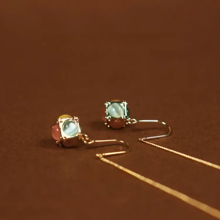 铜合金锆石耳饰  【魔方饰界】法式经典气质轻奢彩色魔方吊坠耳饰