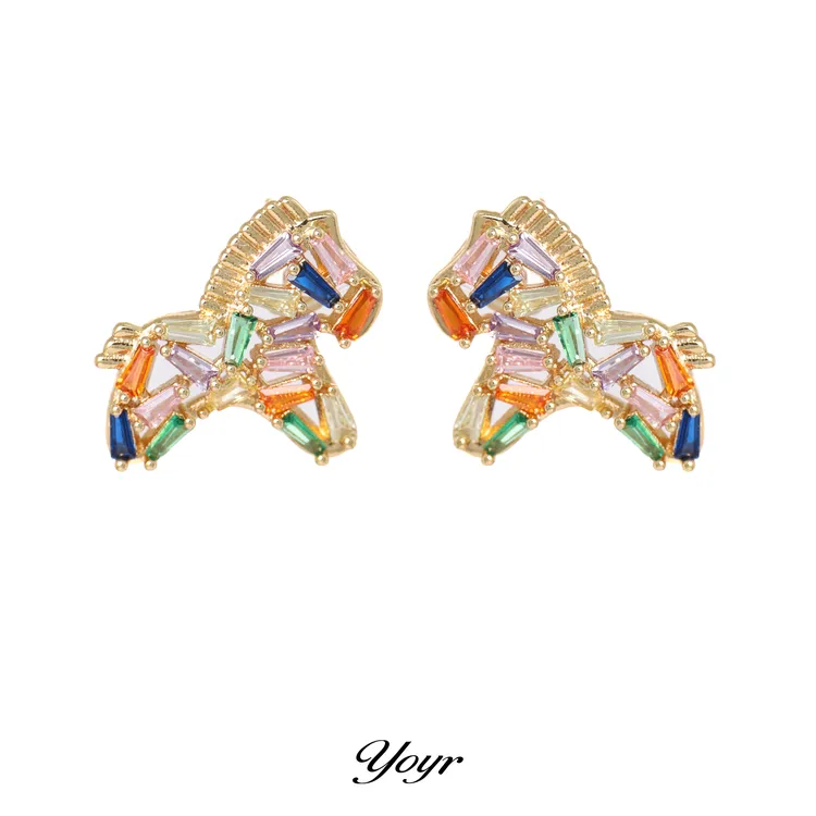 YOYR 黄铜耳饰 七彩锆钻小马耳钉2025新款时尚闪亮高级感轻奢耳环