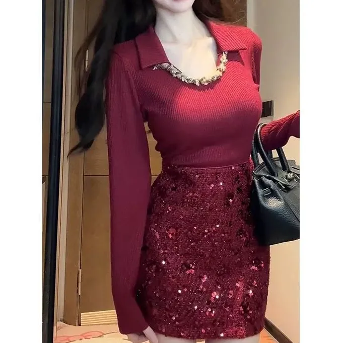 韩版复古设计感豹纹拼接翻领毛衣女显瘦长袖针织衫气质上衣秋冬潮