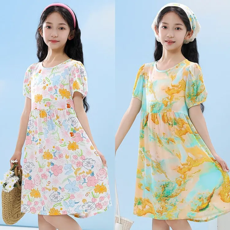 儿童薄款女孩女童连衣裙裙子夏季洋气棉绸时尚中大童碎花裙子公主