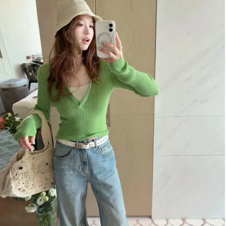 2025春季新款时尚针织长袖气质显瘦洋气休闲百搭V领外穿修身上衣
