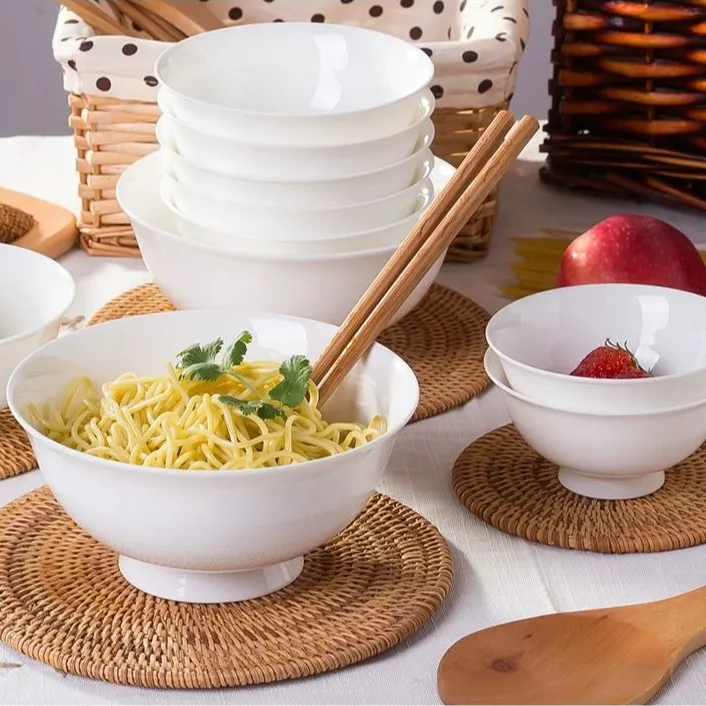 纯白骨瓷家用米饭碗高脚防烫汤碗陶瓷碗唐山釉下彩面碗餐具食品级