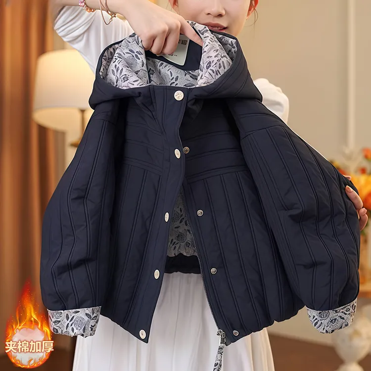 女童二棉绗棉外套2025新款秋冬夹棉加厚连帽碎花拼色棉服保暖深秋