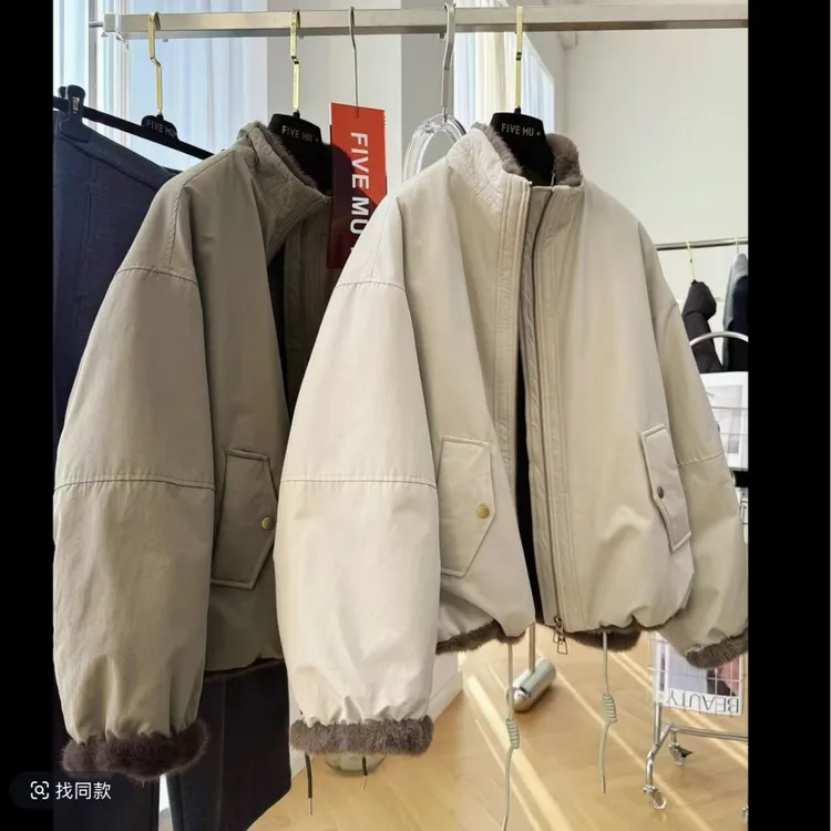 2025新款高级感立领短款外套工装女冬季毛毛内胆仿皮草派克服夹克