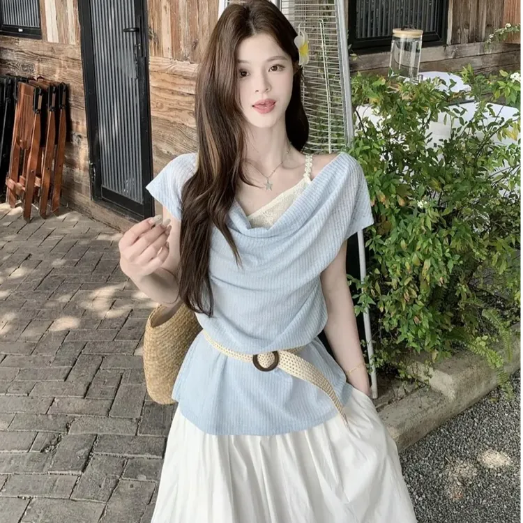 钩花吊带针织衫女春季设计感宽松短袖露肩＋polo衫女装假两件上衣