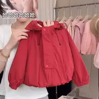 现货 春秋短款女童韩版女冲锋衣户外红色连帽防风休闲