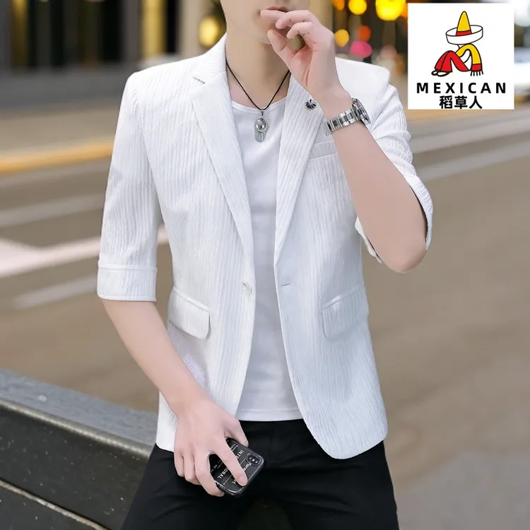 稻草人七分袖小西装外套男夏季薄款休闲潮流帅气上衣中袖时尚男装