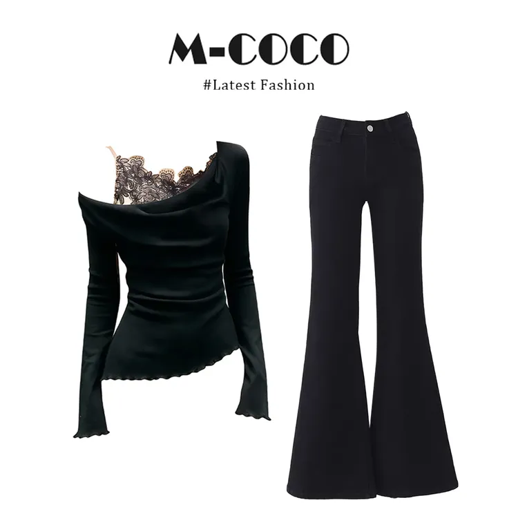 INS CEC新款入冬搭一整套假两件针织衫拼接蕾丝上衣微喇裤子套装