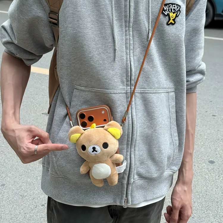 轻松熊创意卡通手机背夹手机壳通斜挎可背可拆卸肩带斜跨