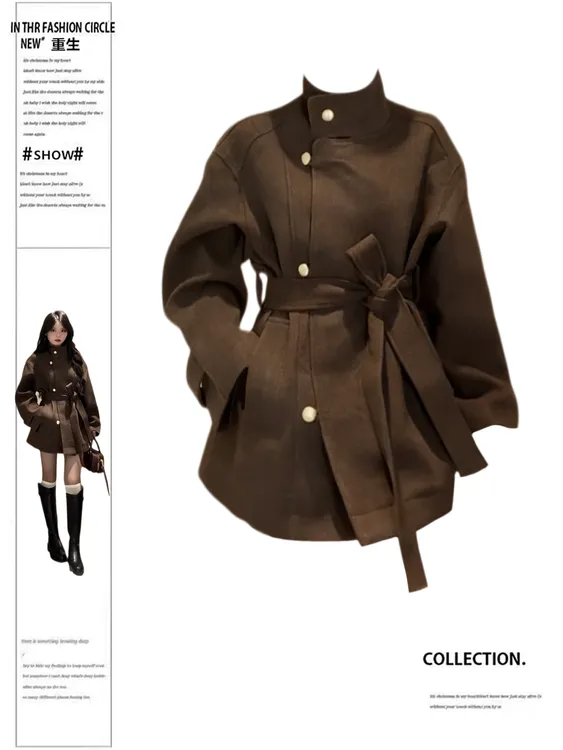 大码胖mm法式复古高级立领毛呢外套秋冬新款系带设计收腰显瘦上衣