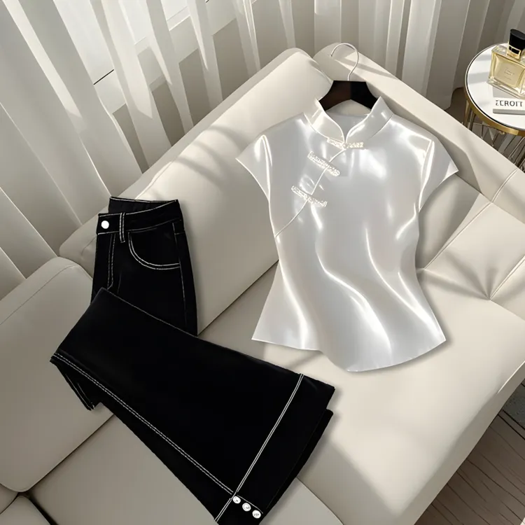 2025夏季新款新中式国风时尚气质女神范立领上衣显瘦百搭直筒裤子