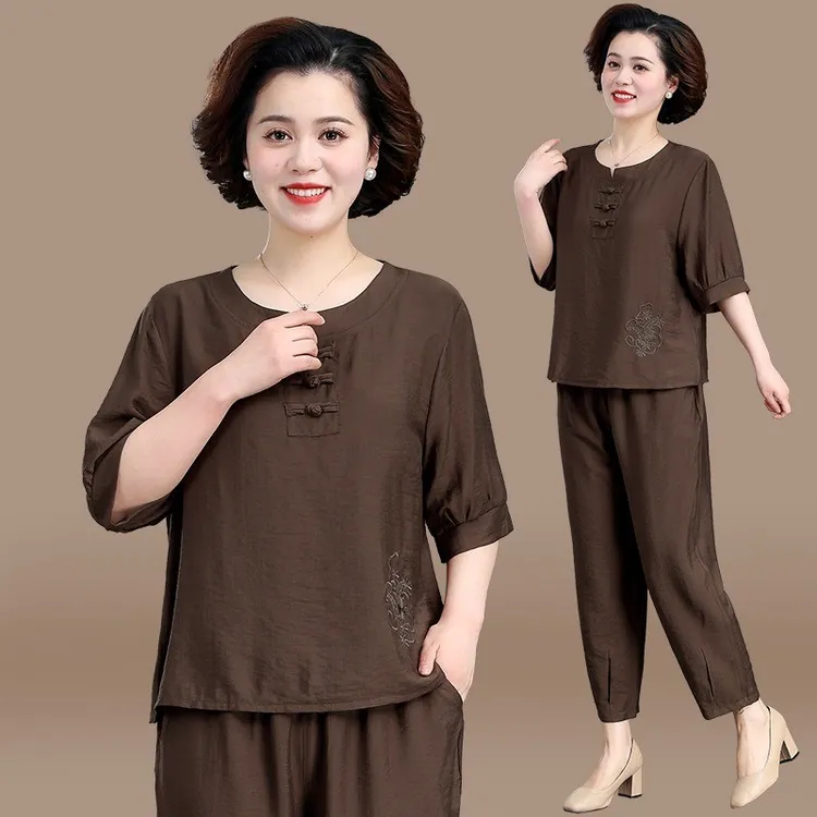 中年妈妈夏装套装洋气棉麻短袖上衣大码中老年人女装休闲春装小衫