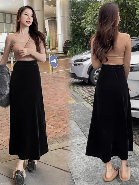 [工厂直发]    丝绒半身裙女秋冬加绒中长款高腰鱼尾垂感显瘦裙子