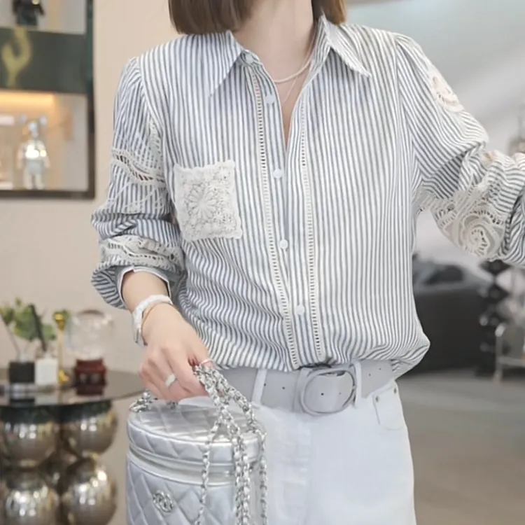 设计感蕾丝镂空复古条纹衬衫女2025春季新款时尚气质休闲长袖衬衣