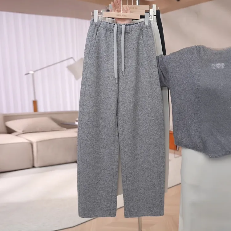 羊毛休闲弯刀裤女2025秋冬季新款松紧高腰显瘦拉绒澳毛窄版阔腿裤