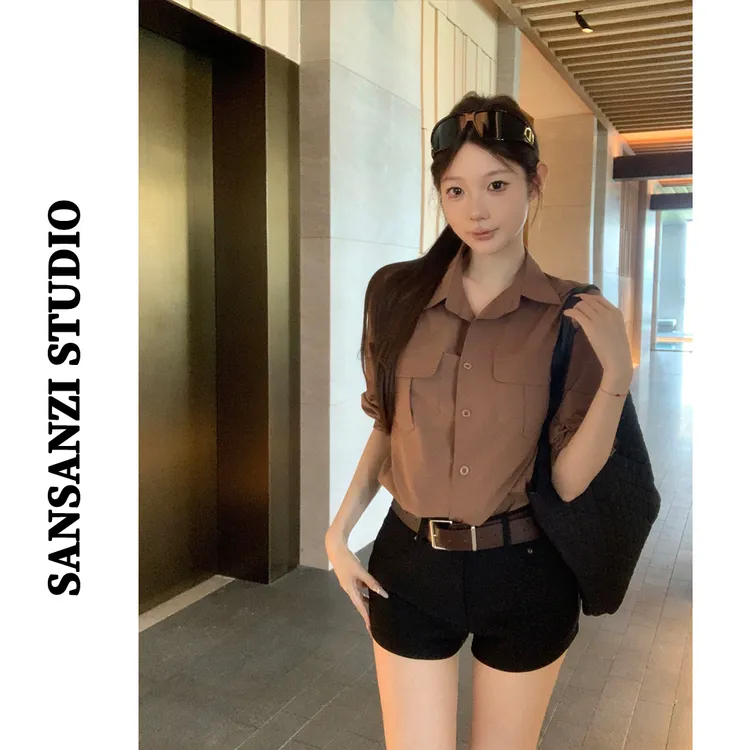 SANSANZI时尚设计感长袖衬衫上衣女秋季套装高腰包臀短裤两件套