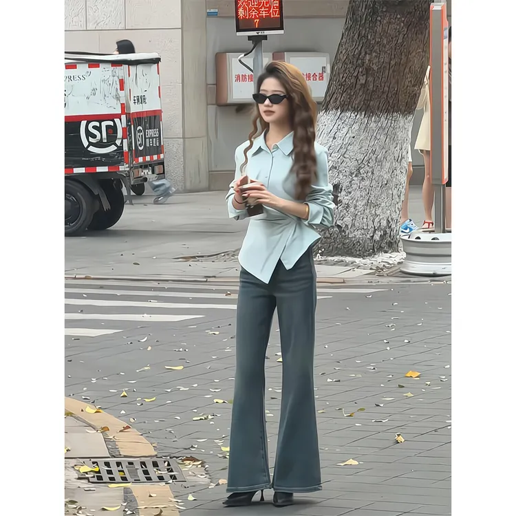 收腰长袖衬衫女装干练交叉褶皱上衣微喇叭牛仔裤阔腿宽松拖地长裤