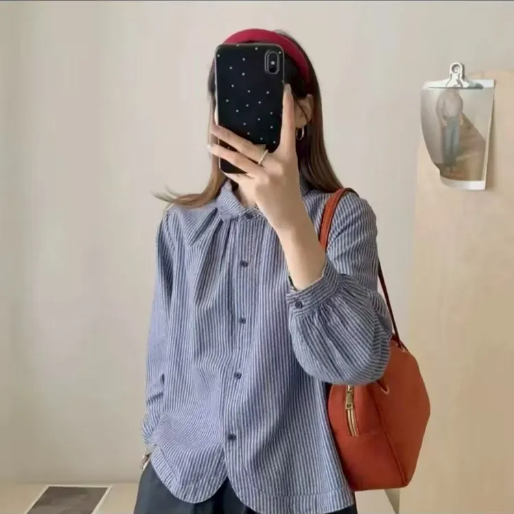 新款秋季气质复古港风设计感条纹休闲百搭衬衫