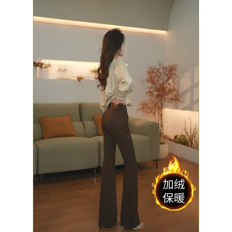 秋冬加绒新款豹纹时尚可可棕咖高腰修身提臀微喇显瘦修身牛仔裤女