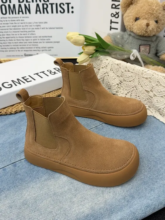 真皮大头短靴女厚底加绒复古马丁靴2025年秋季新款磨砂皮切尔西靴