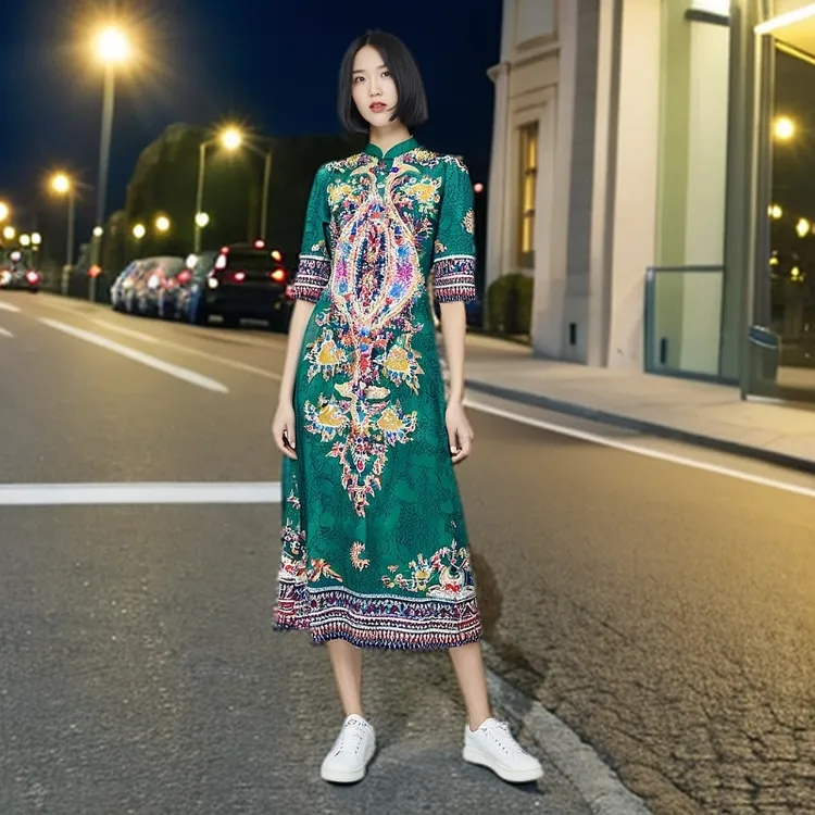 中式连衣裙复古女士印花民族风气质夏季中式连衣裙中长裙