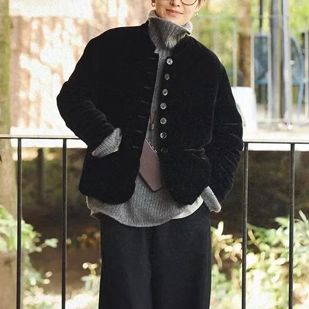 老钱风单排扣棉服 秋冬小立领加密桑蚕丝丝绒新中式棉服百搭外套