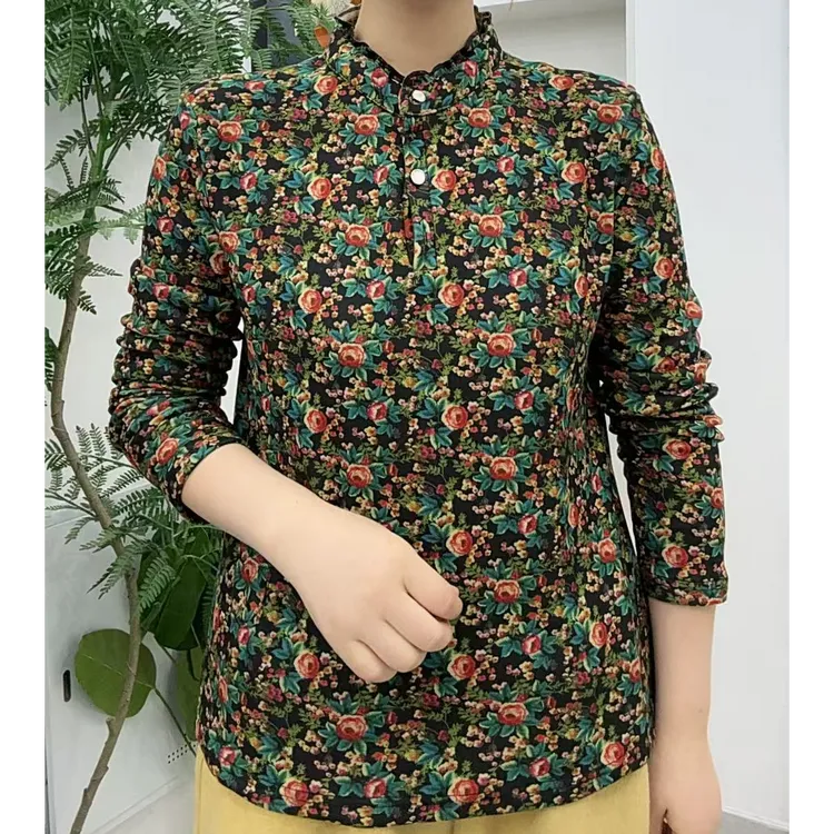 加绒加厚中老年女装妈妈花衫大码半高领女士百搭冬季保暖打底衫