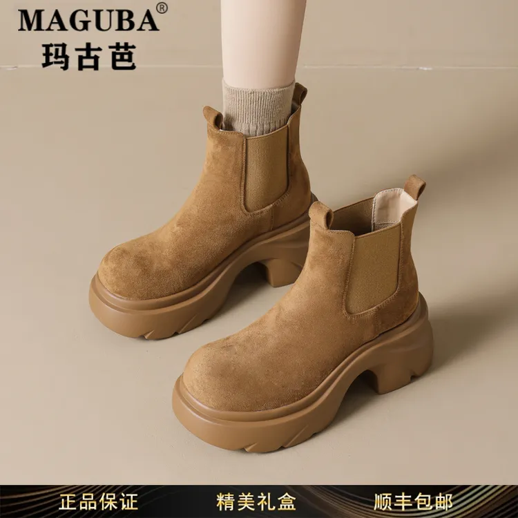 玛古芭女鞋厚底增高圆头马丁靴女秋冬爆款英伦风驼色粗高跟短筒靴