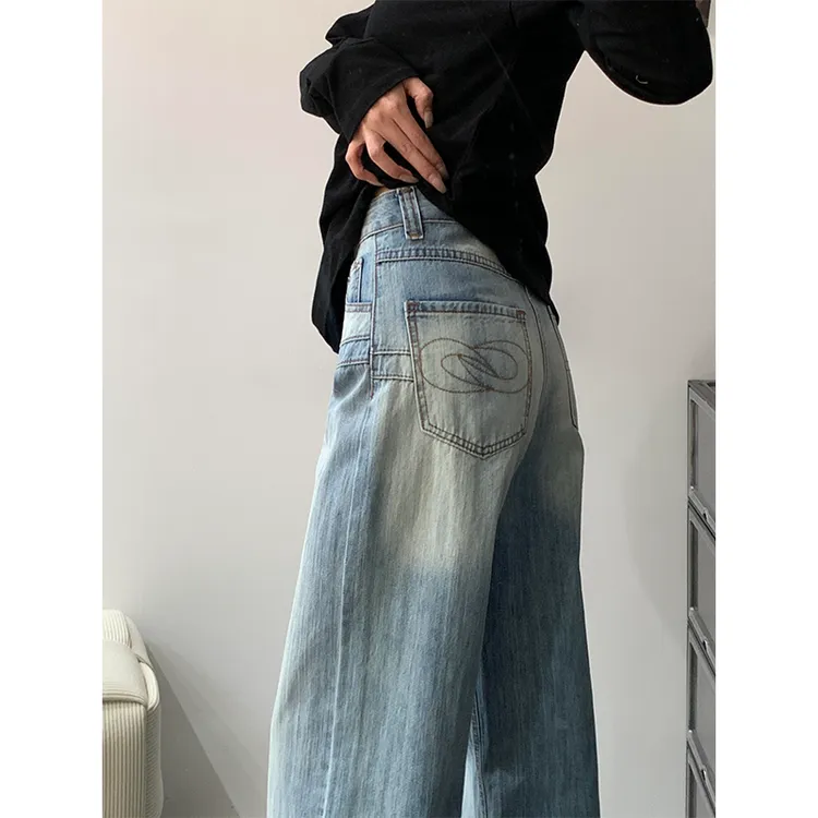 浅蓝美式高腰阔腿牛仔裤女款2025早春新款刺绣宽松显瘦阔腿牛仔裤