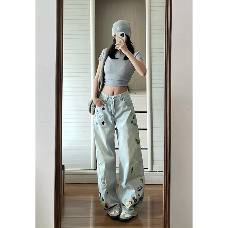 300斤大码印花做旧阔腿裤牛仔裤女新款胖mm高街宽松辣妹风弯刀裤