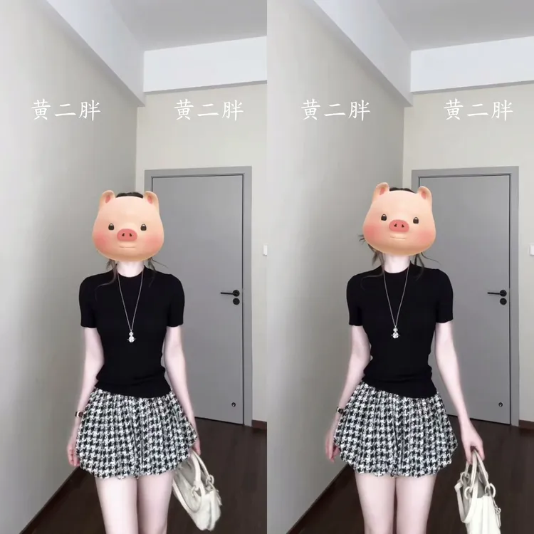 黑色简约百搭基础款圆领T恤女千鸟格花苞短裙两件套2025夏季新款